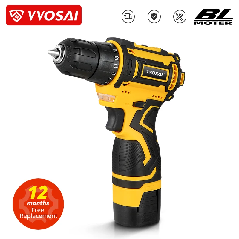 VVOSAI 16V MAX Brushless Cordless Drill 32N.m Electric Screwdriver 25+1 Torque Settings 2-Speeds MT-Series Power Tools