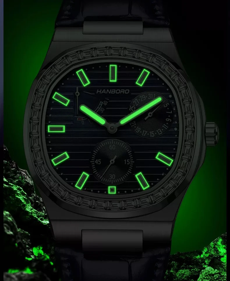 HANBORO メンズ自動巻き時計 38 ミリメートルスクエア機械式腕時計 5Bar 発光サファイアパワーリザーブ & 日付ダイヤル Tianjin1780