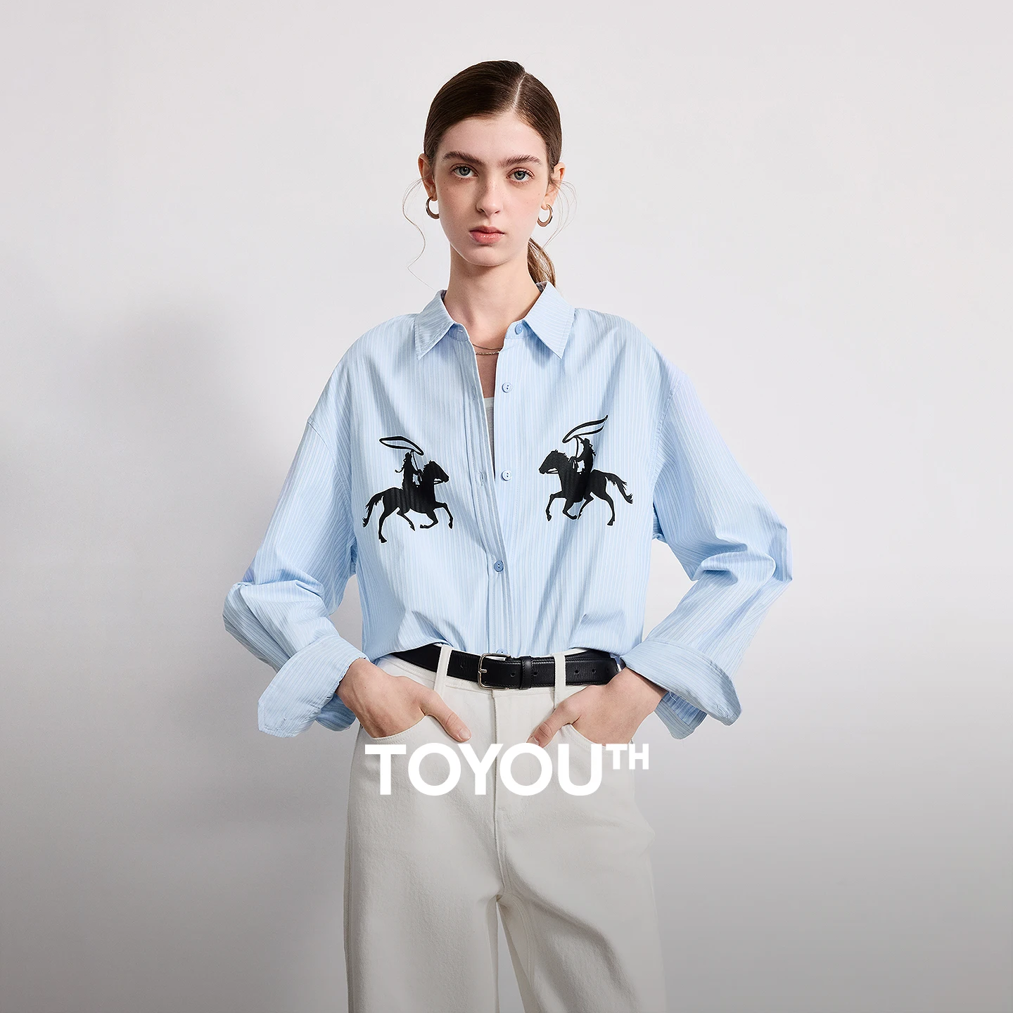 

TOYOUTH Women Striped Blouse 2026 Spring New Mongolian Ethnic Style Horse Lassoing Totem Print Blue Casual Top