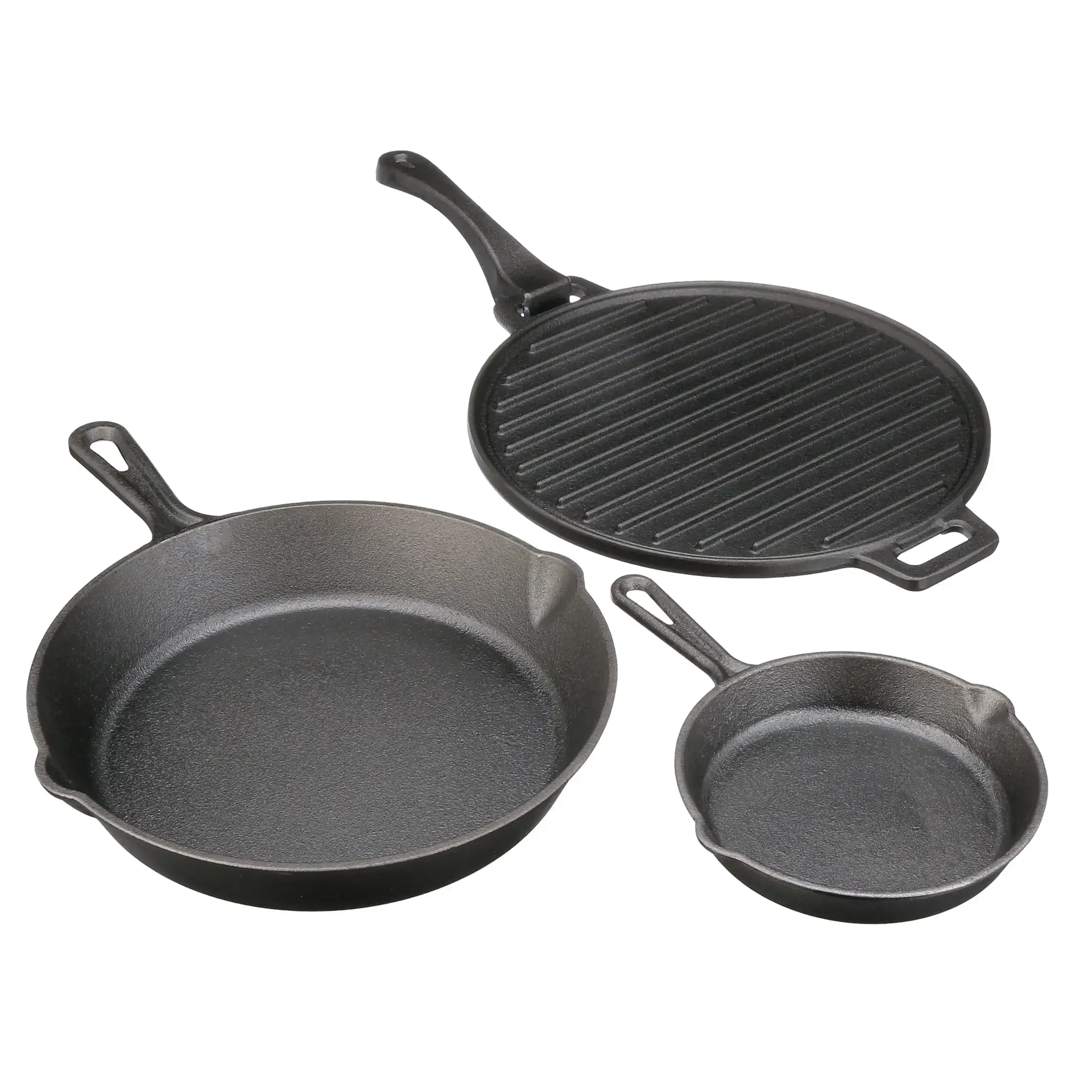 

%a 4-piece Cast Iron Skillet Set with Handles and Griddle, Pre-seasoned, 6", 10.5", 11"