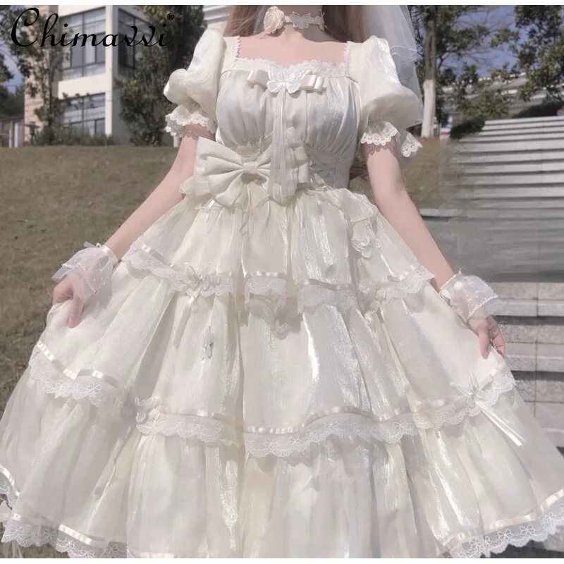 

Lolita Dress Princess Short Sleeve French CLA Op Dresses for Women 2024 Summer New Sweet and Cute Bow Girl Mid-Length Dress