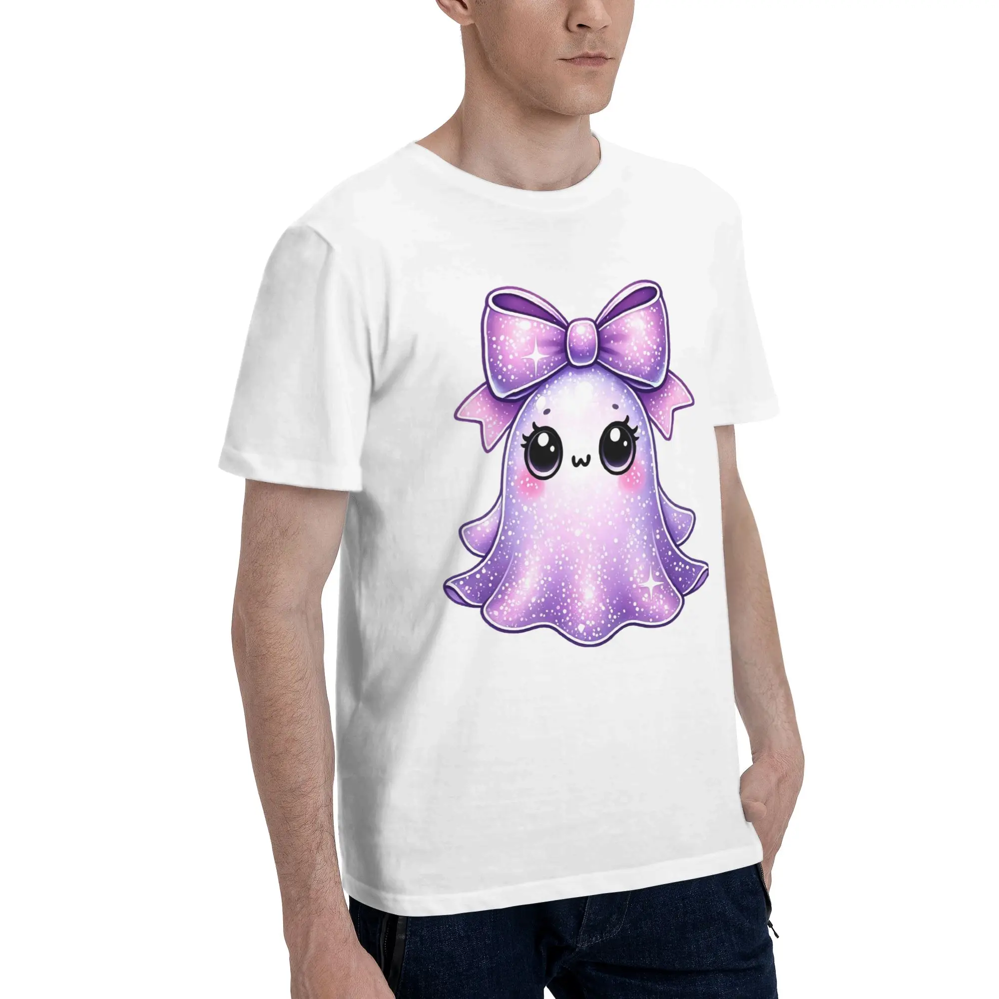 Purple Glitter Ghost Halloween Art Men's T Shirts  Awesome Tees Short Sleeve Crewneck Cotton Birthday Gift Tops T-Shirt