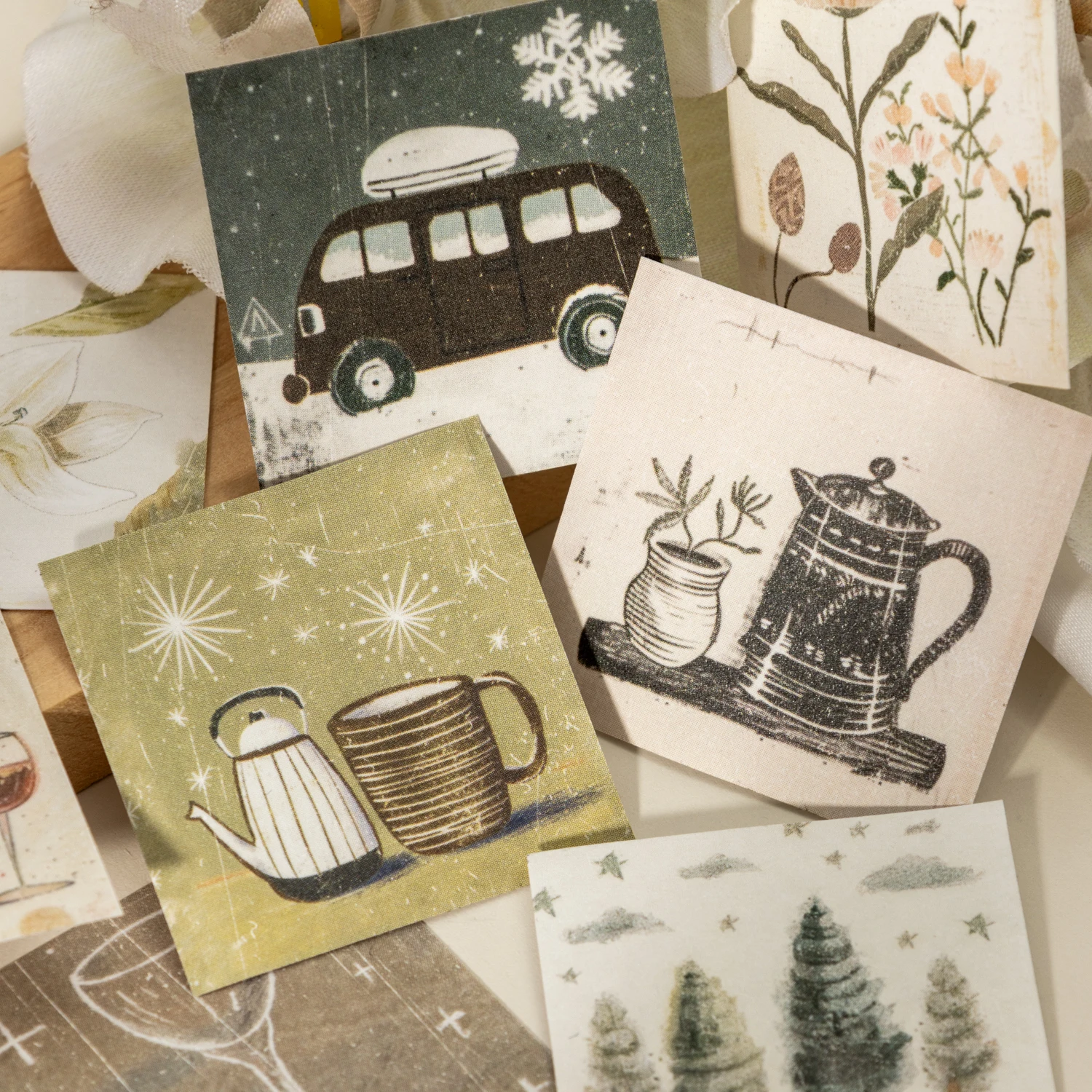 

Textured Trinkets Series Vintage Plant Flower Bottle Landscape Sticker Book Creative DIY Journal Material Collage Stationery