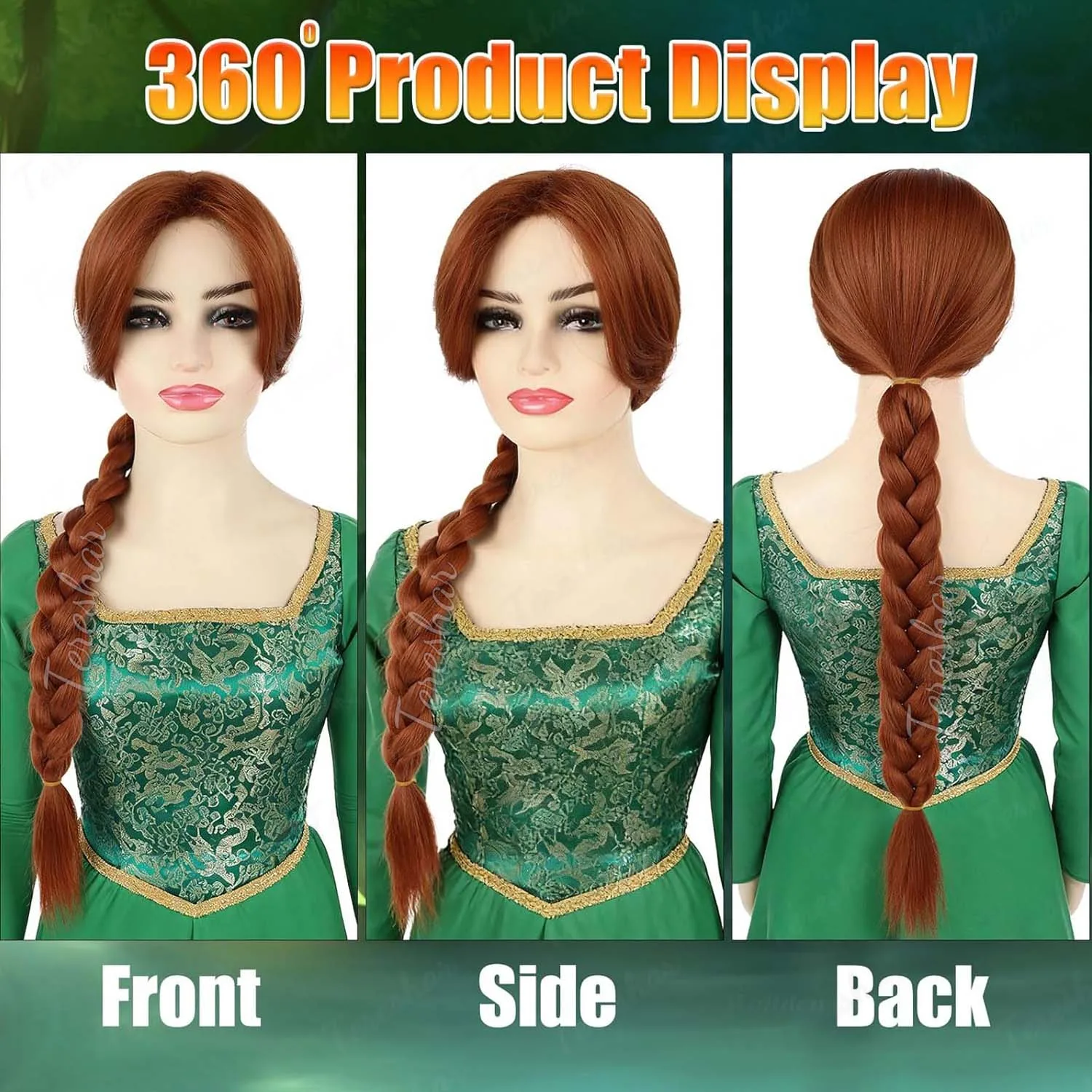 Synthetische lange geflochtene Damen-Kostümperücke, rotbraun, 29,5 Zoll, geflochtene Perücke für Cosplay, Halloween, Anime-Party, Fiona-Prinzessin-Perücke – Detail 2