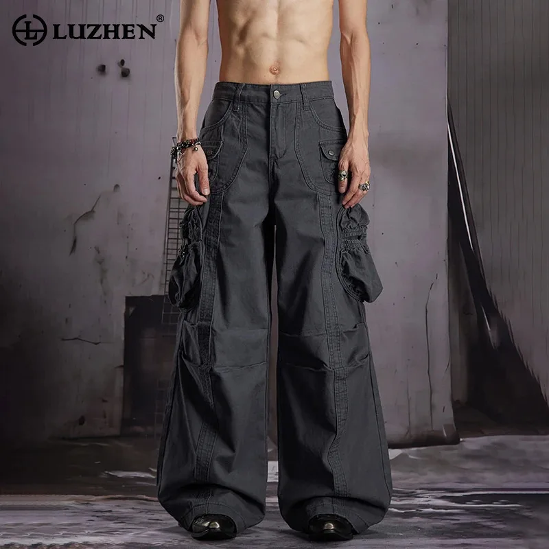 LUZHEN 2026 New Trendy Elastic Multi Pockets Decorate Loose Straight Cargo Trousers Men's Handsome Original Casual Pants JY8737