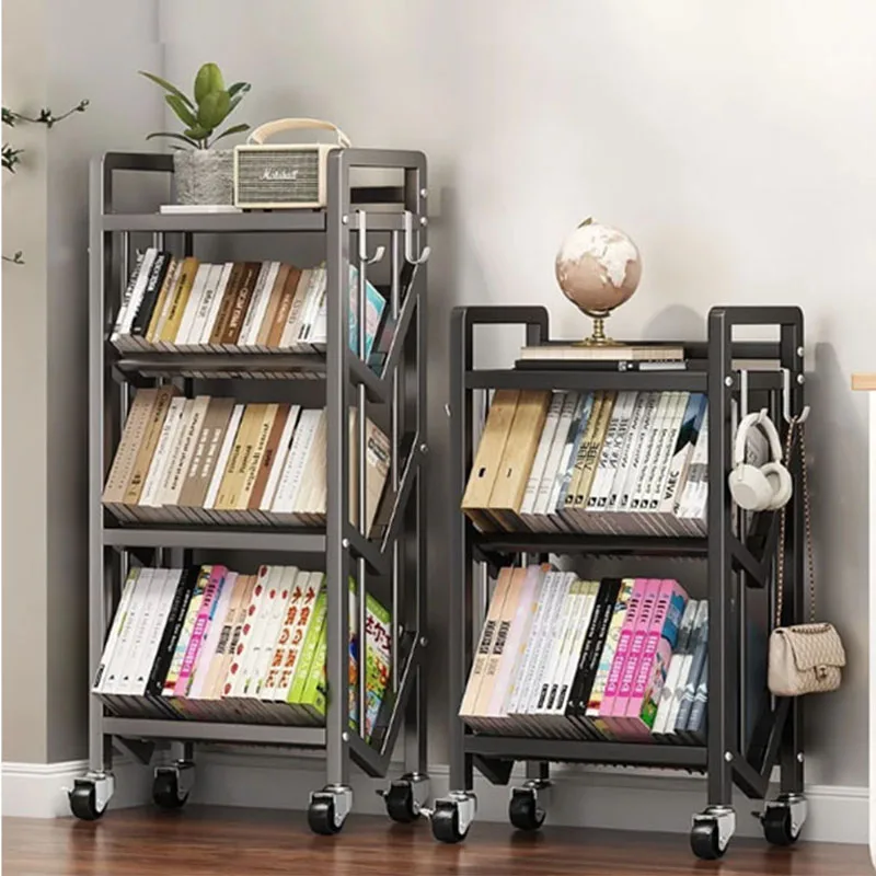 360° Rotation Wheels Books  Furniture Living Room Magazine Iron Bookcase Floor Standing Multi-Layer Bookshelf Movable Storage