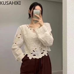 KUSAHIKI Korean Autumn Retro Niche Embroidery Hook Flower Design with Hollow Out Versatile Long Sleeved Chic Shirt Top for Women