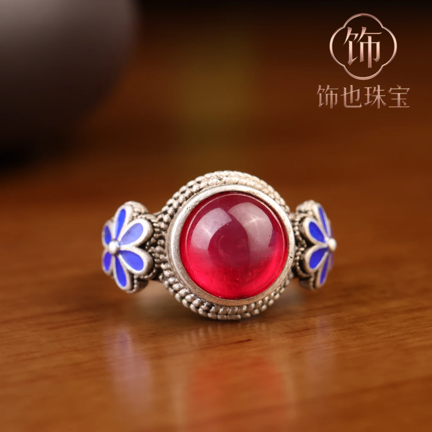 Antique Collection Cloisonne Old Silver Ring Seiko Inlaid Starlight Gemstone Miao Silver Open Ring Gift Silver Jewelry view 4