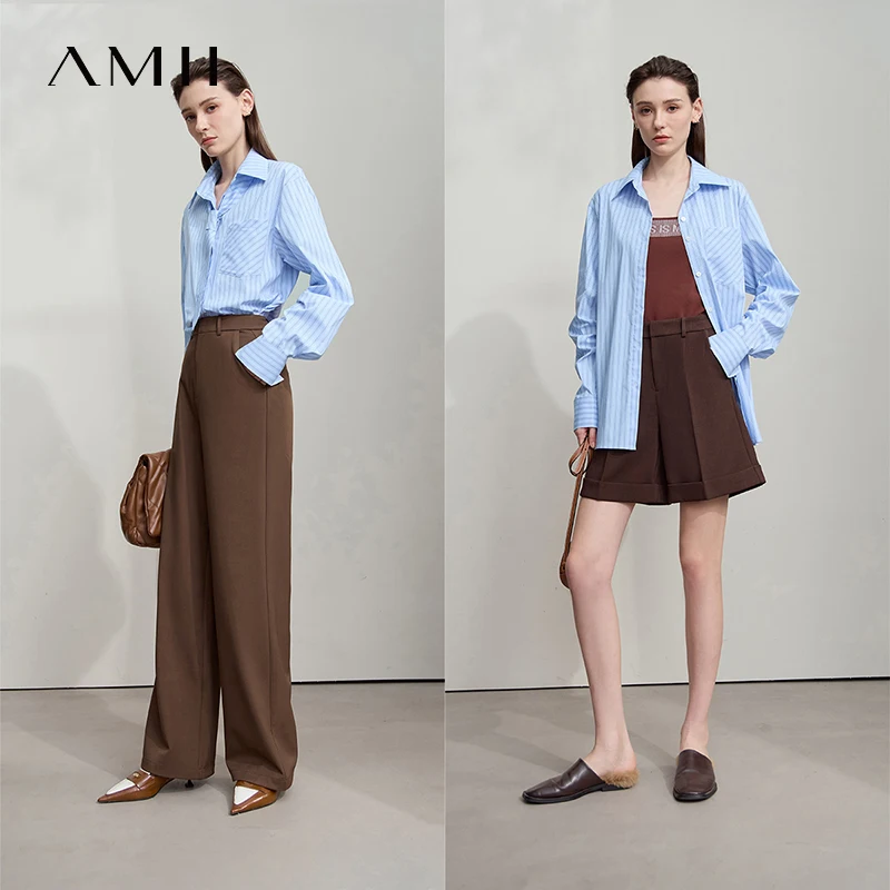 AMII 2025 Autumn Shirts Office Lady Long Sleeve Blue White Stripes Blouse Mid-length Loose Lapel Tops Women Clothing 12553021