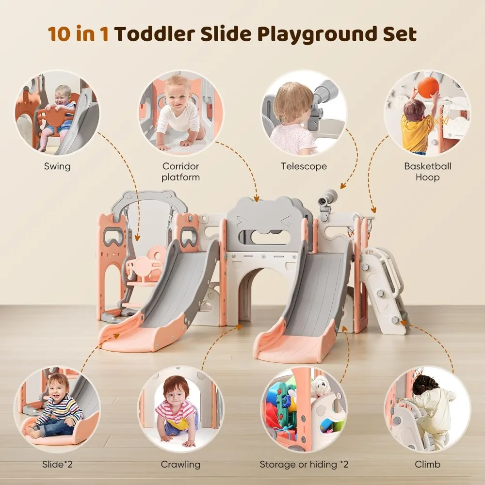 Toddler Slide and Swing, 10 in 1 Toddler Indoor Playground, Slide for Toddlers, Outdoor Playset Backyard with Basketball Hoop