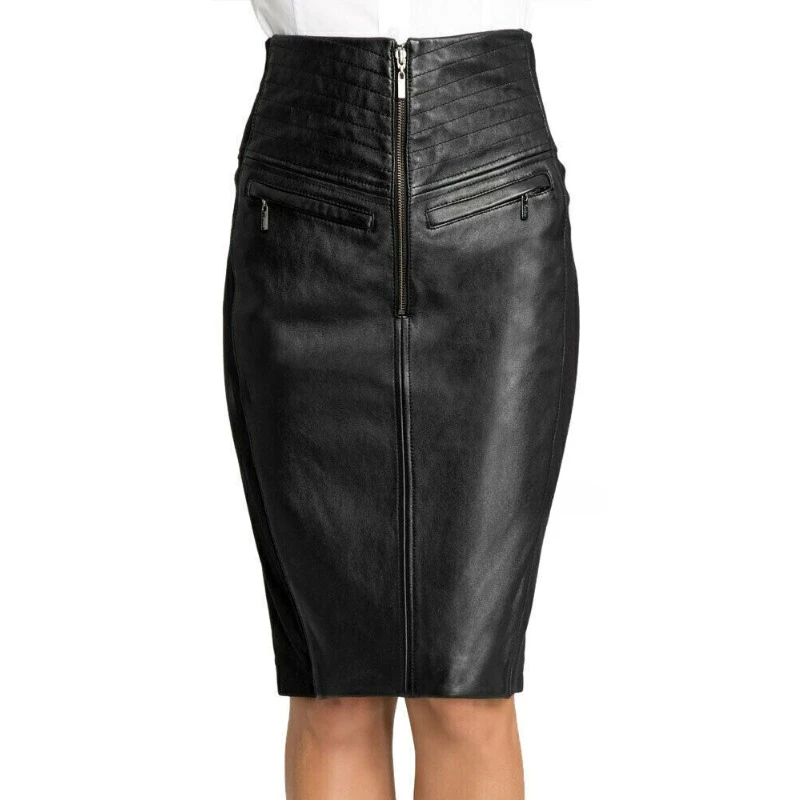 

Women's 100% Leather Skirt Black Knee Length Zippered Skirt Fashionable Trend