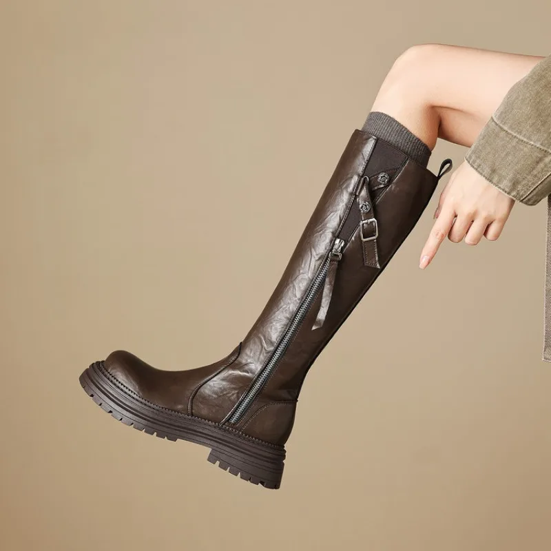 2026 Winter Women Biker Boots Fashion Belt Buckle Ladies Elegant Platform Long Pipe Booties Casual Women's Knee High Booties