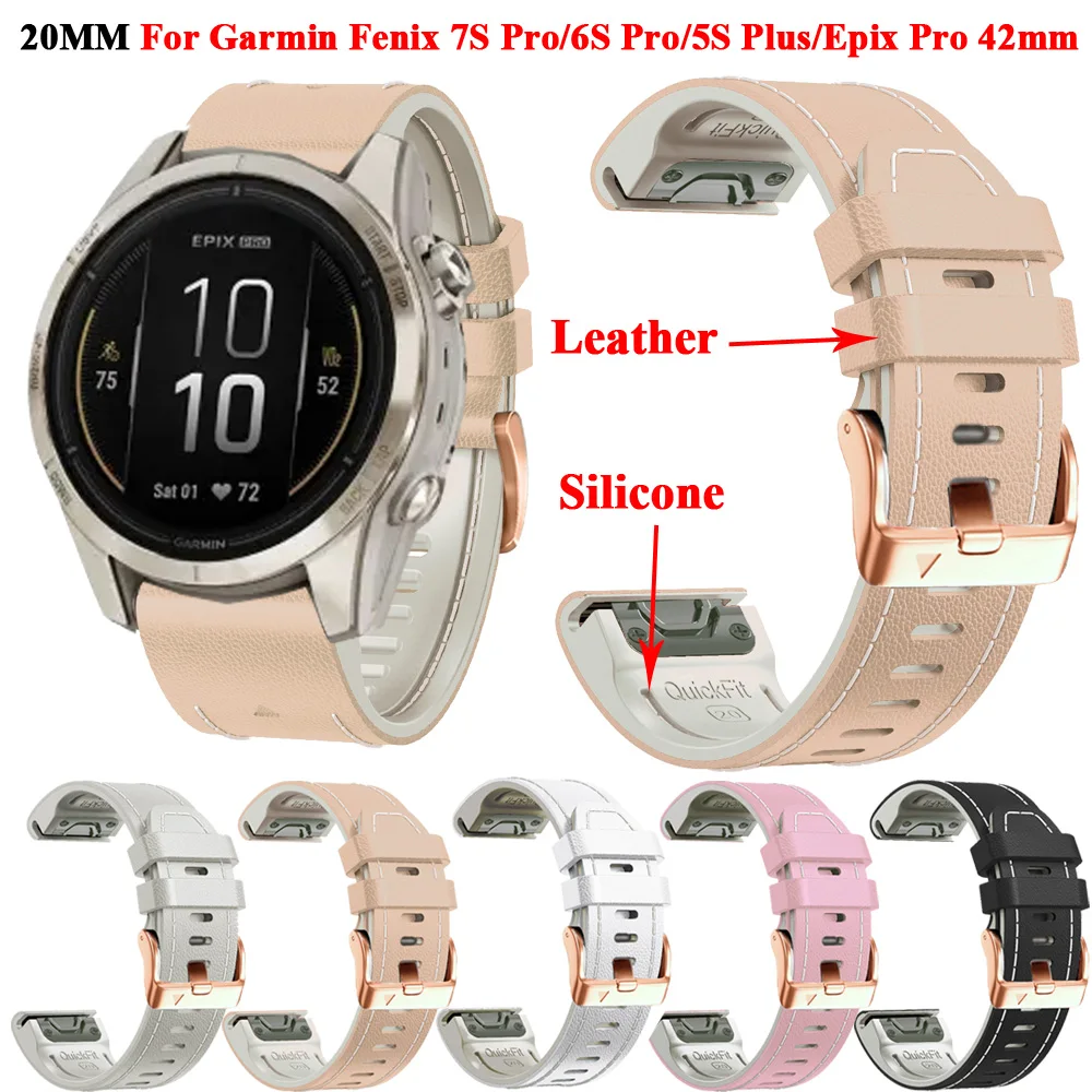 20mm Leather+Silicone Smart Watch Straps For Garmin Fenix 7S 6S Epix Gen Pro 2(42mm)Quickfit Rose Gold Buckle Bracelet Wristband