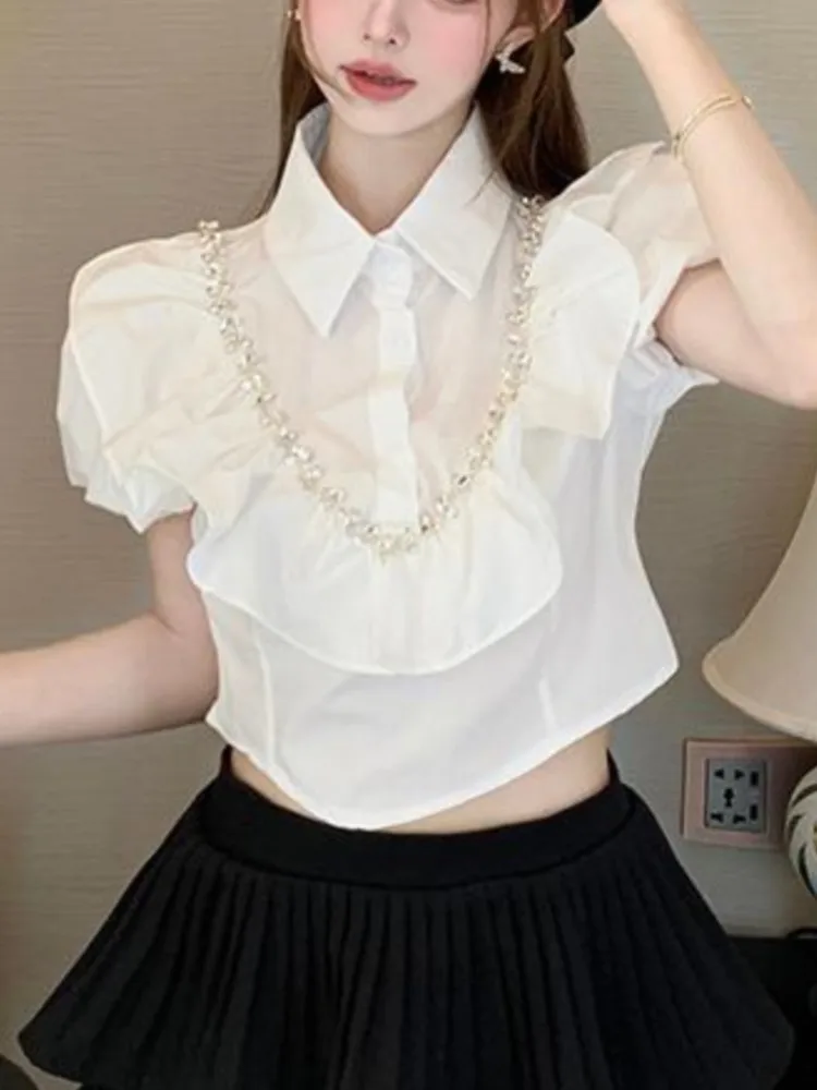 legant Female Sexy Club Top Casual White Pleated Blouse Women Puff Sleeve Shirts Ladies Beading Luxury Mujer Blusas