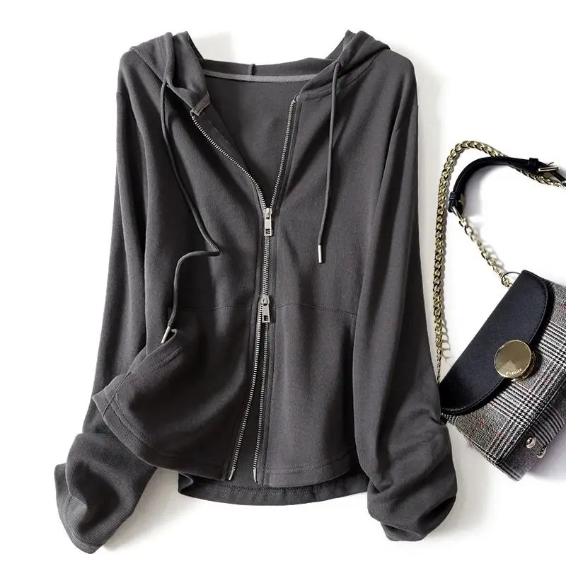 Women Plus Size Spring Autumn Thin Hooded Zip Up Sweatshirt Loose Sports Long Sleeve Cardigan Outerwear Coat
