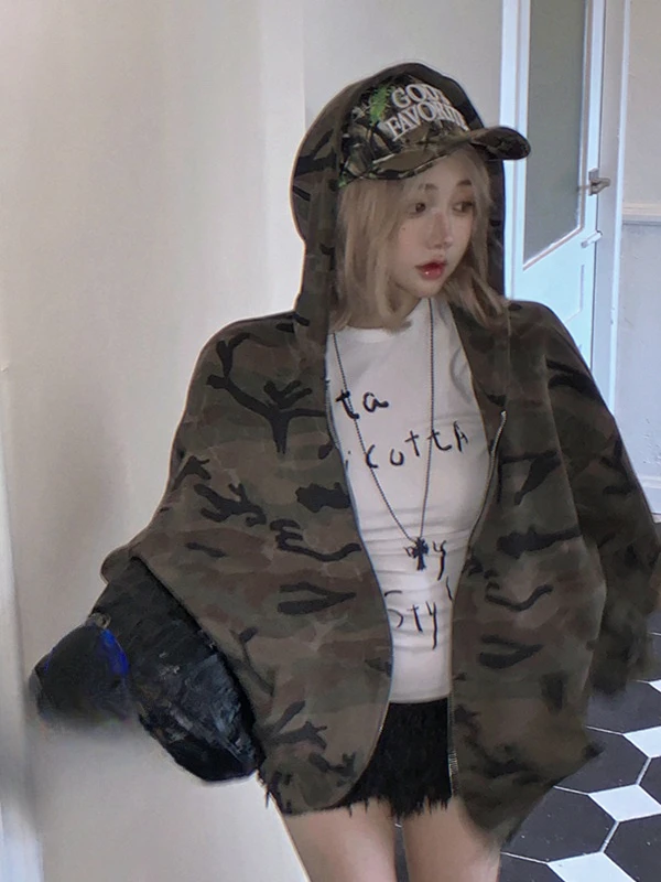 Suéter camuflado hiphop para homens e mulheres, lã pesada, casal, jaqueta cardigã com capuz, feminino