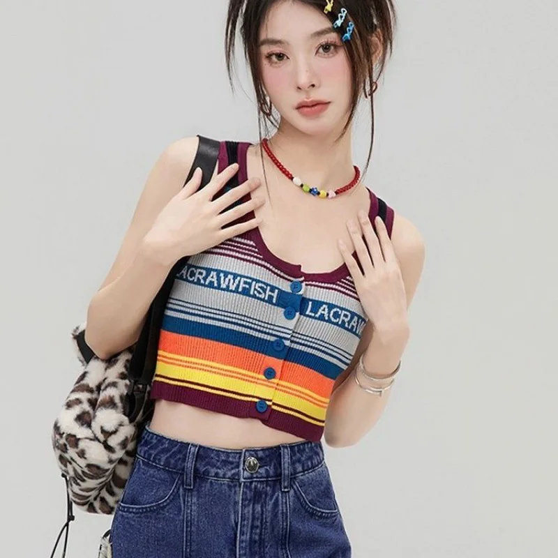 

Summer Dopamine Wear A Woman Sweet And Spicy Wind Top Sexy Crop Tank Top Y2k Rainbow Stripes Contrast Color Suspenders Base Vest