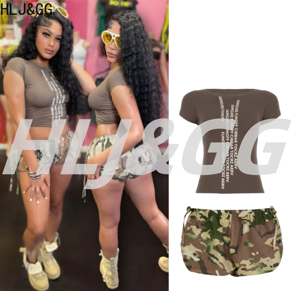 

HLJ&GG Y2K Summer Letter Camouflage Printing Shorts Two Piece Sets Women Round Neck Slim Crop Top And Drawstring Shorts Outfits