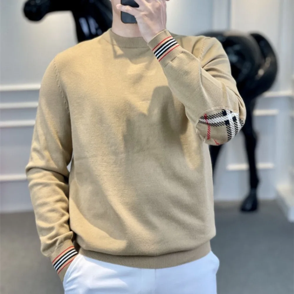 

Pullovers Male Crewneck Men's Knit Sweater Khaki Splicing Knitwear Round Collar Korean Style Autumnr and Winter Woven Casual Top