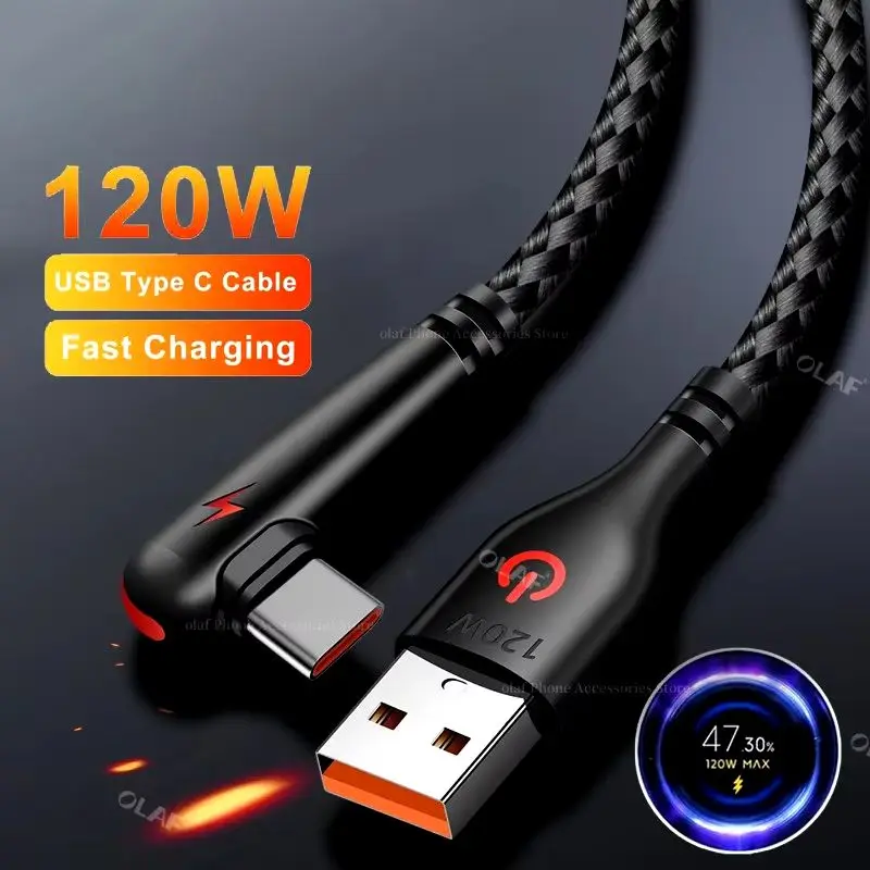 6A 120W USB-A to Type-C Cable Fast Charging Data Transmission Pure Copper Core Line 1M/2M Long for Smart Phone Device