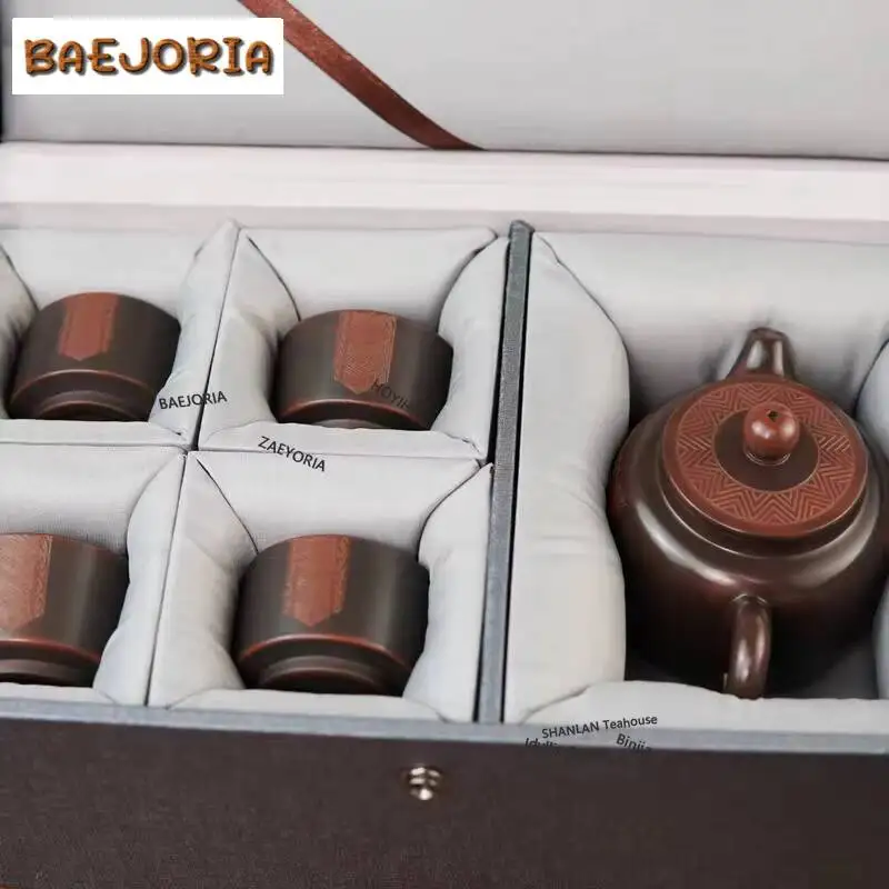 BAEJORIA 250ml Handmade Carve Qinzhou Nixing Pottery Teaset Complete Set Tea Ceremony Set 1 Pot 4 Cups Kit Chinese Teaset Gift