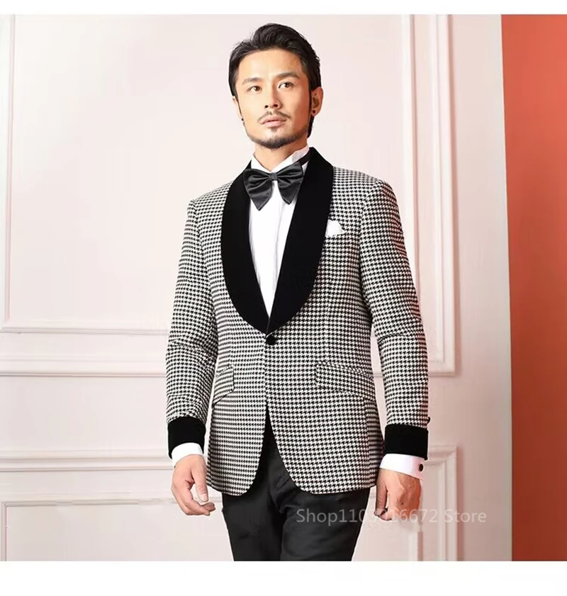 

Men's Houndstooth Suits Slim Fit Black Velvet Shawl Lapel Blazer Pants Formal Groom Tuxedos Wedding/Business Prom Men Clothing