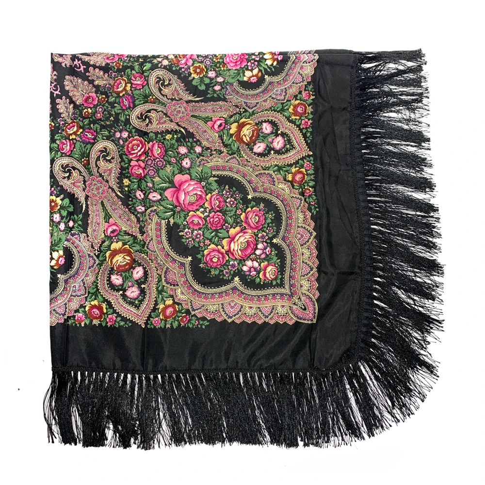 135*135cm Russian Floral Printed Square Scarf Women Ethnic Fringed Bandana Shawl Babushka Handkerchief Blanket Head Wraps