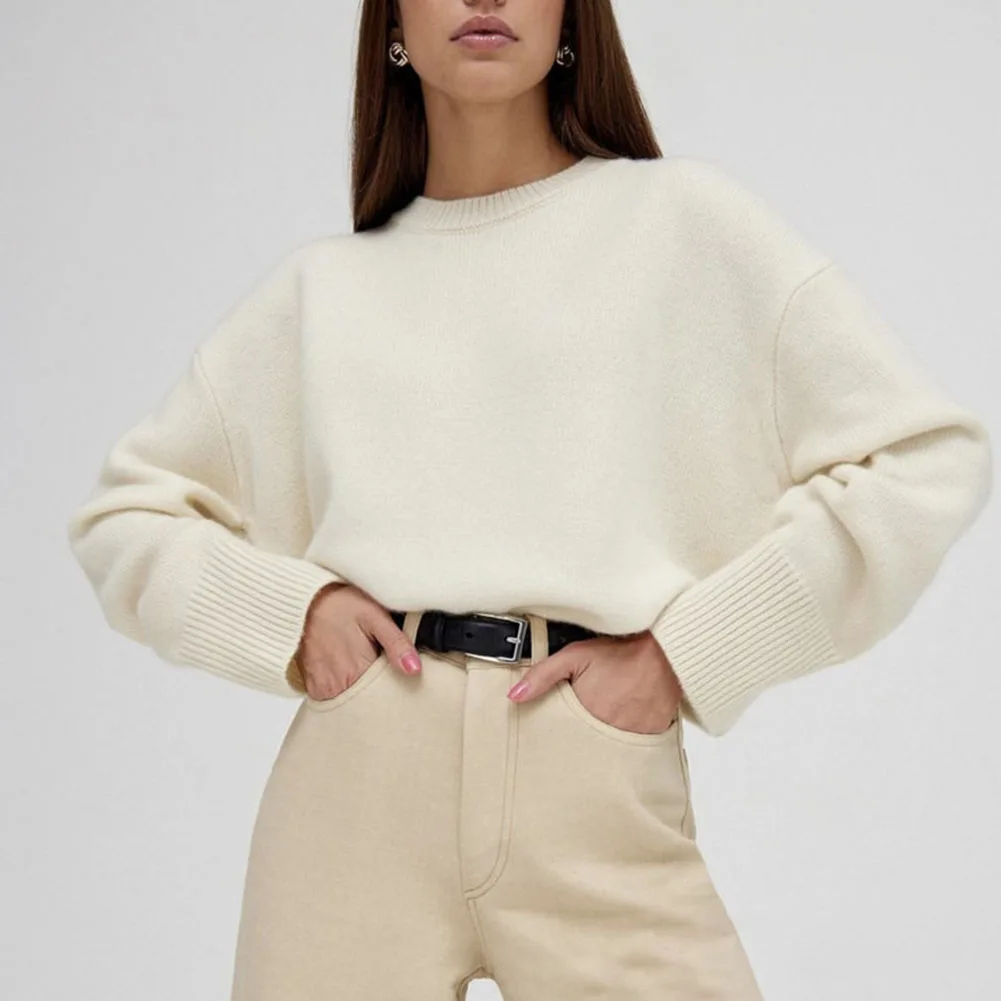 

Round Neck Women Knitted Sweater Fashion Autumn Casual Pullover Top Solid Color Soft Loose Basic Knitwear Sweater
