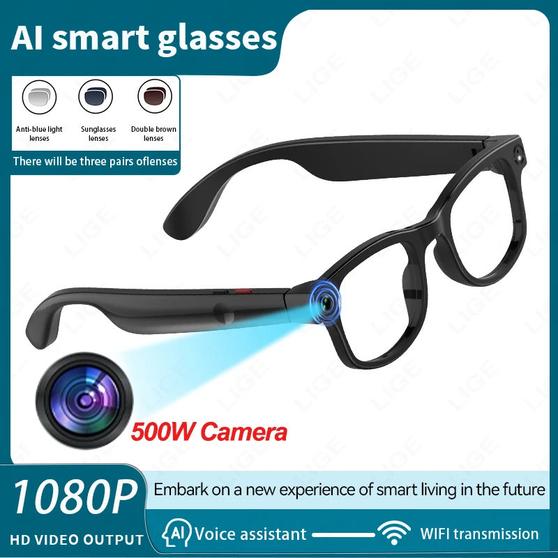 

New 3 Sets of Lenses Bluetooth Glasses 500W Camera Smart Sunglasses Translation Video Recording Call Music Playback Eyeglass Men