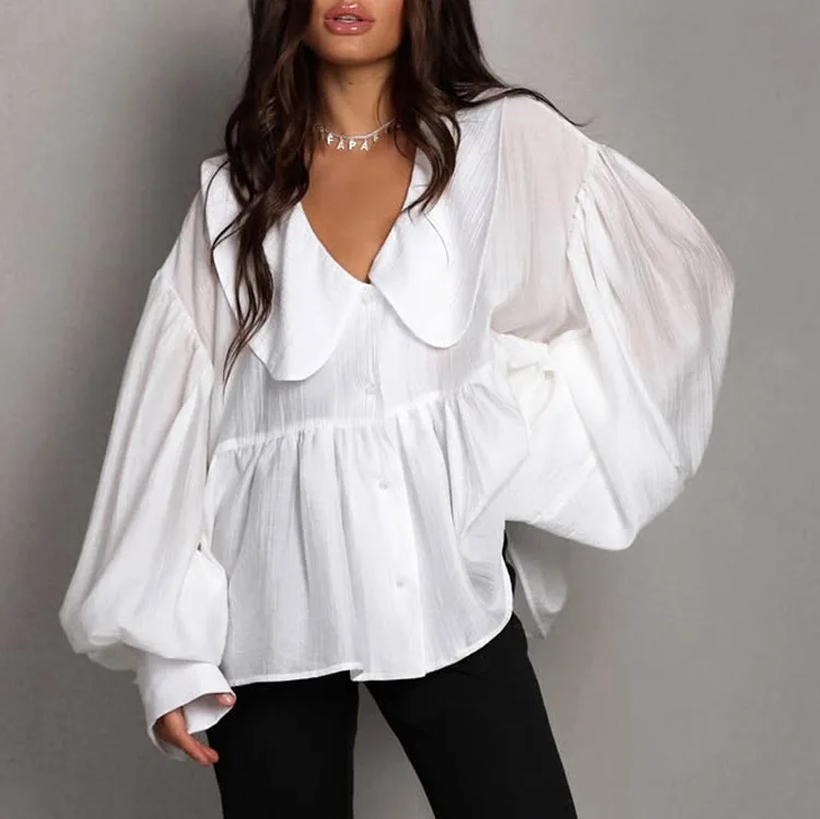 French Casual White Peter Pan Collar Blouse Puff Long Sleeve Button Front Ruffle Hem Oversized Loose Women Shirt Top 260701