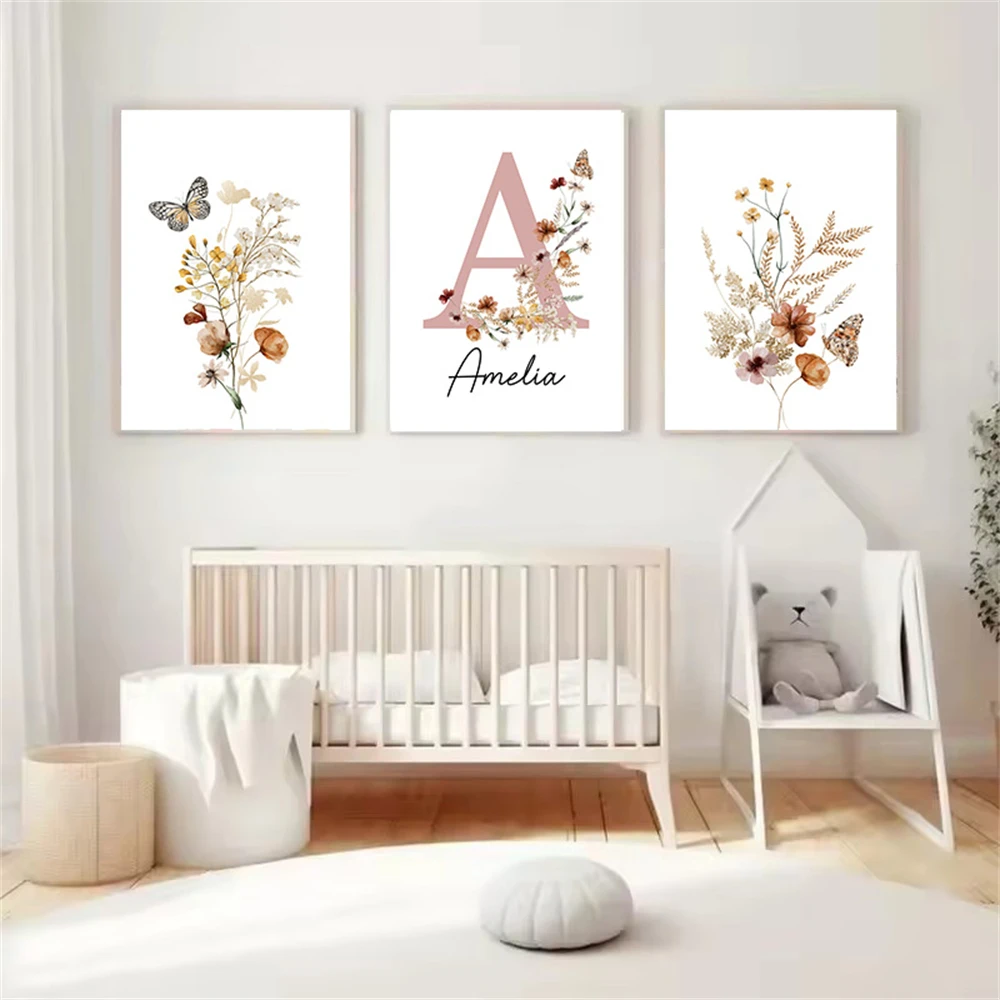 Baby Girl Name Custom Posters Wildflowers Canvas Painting Butterfly Wall Art Print Nursery Poster Pictures Kids Room Decoration