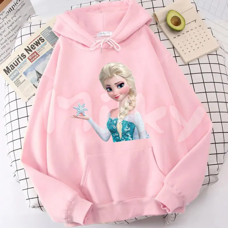 Cartoon Princess Hoodie Frozen Elsa Oversize Hooded Sweatshirts Woman Aesthetic Long Sleeves Soft Crewneck Streetwear Clothes