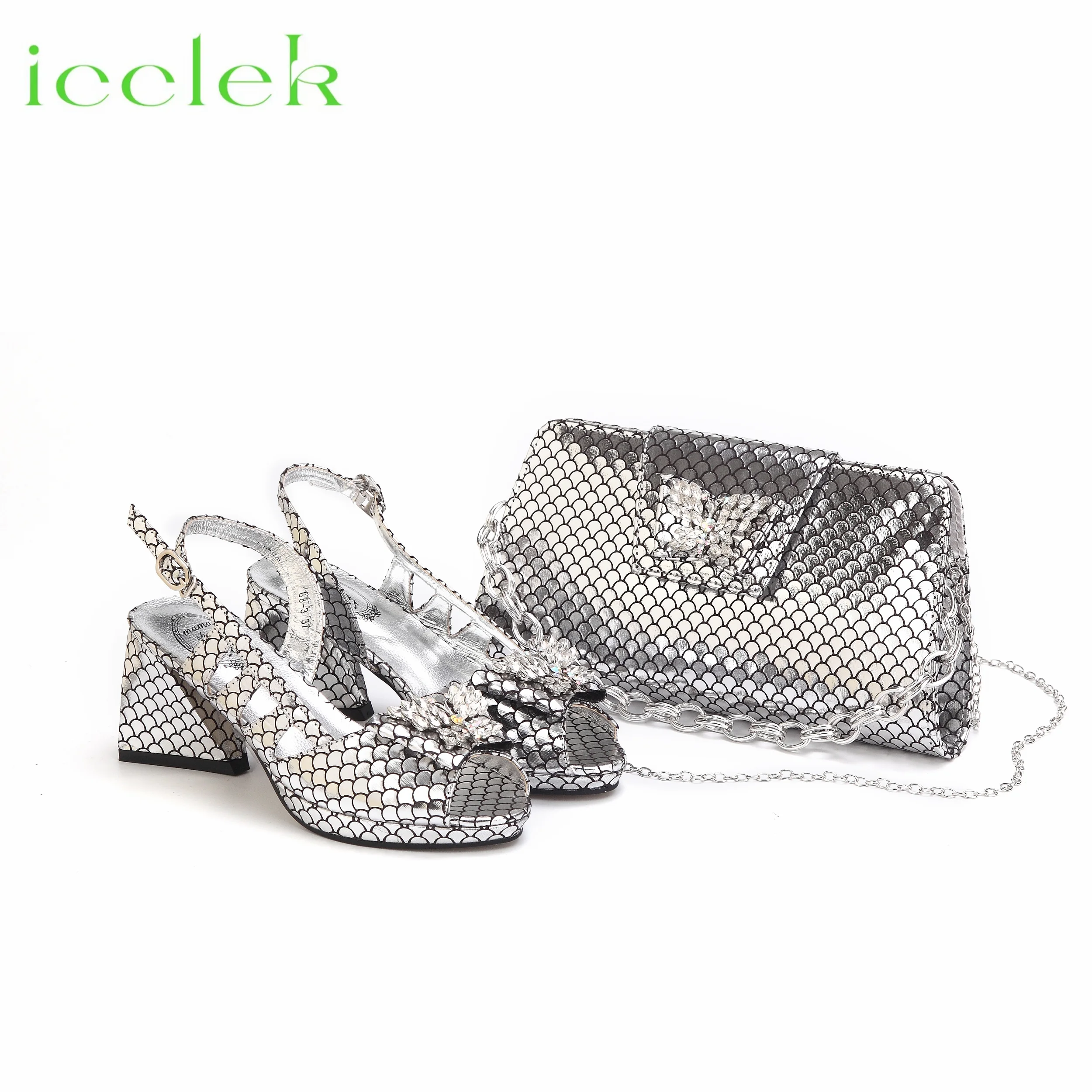 

Silver New Hollow Design Fashionable And Elegant Wear Comfortable Ladies Peep Toe Shoes And Bag for Wedding Party