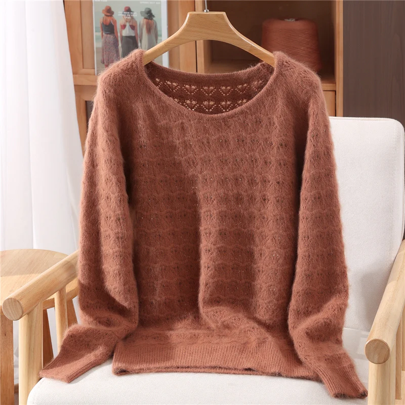 Hollow Out Chic O-Neck Sweater Women's Pullovers Basic Soft Warm 100% Mink Cashmere Pure Color Casual Loose Autumn Winter Tops