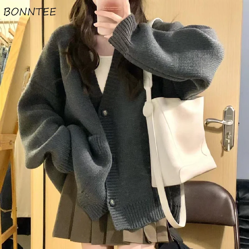 Cardigan Sweaters Women Baggy Sweet Knitwear Japanese Dark Gray Korean Fashion Кардиган Женский College Preppy Minimalist Casual