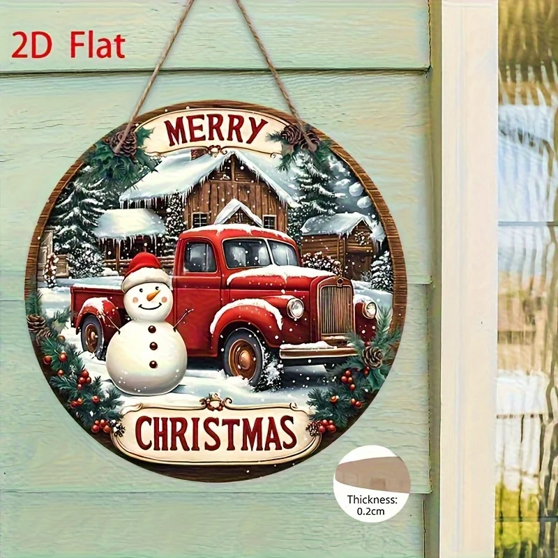 2/1 Piece Rustic Style Wooden Christmas Sign, Large 2D Flat Piece Decorated with a Red Pickup Truck and Snowman, Featuring a Festive Christmas Wreath Design, Suitable for Holiday Decorations on the Front Door, Home, an