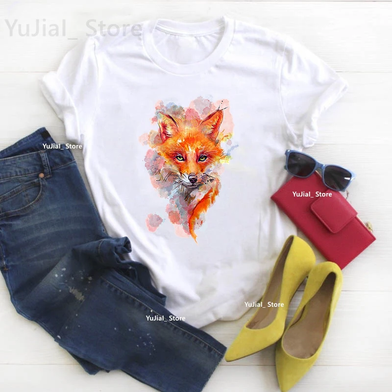 Cute Fox With Forest Watercolour Design Print T Shirt Girls Summer Fashion Tops Tee Shirt Femme Harajuku Kawaii Clothes T-Shirt