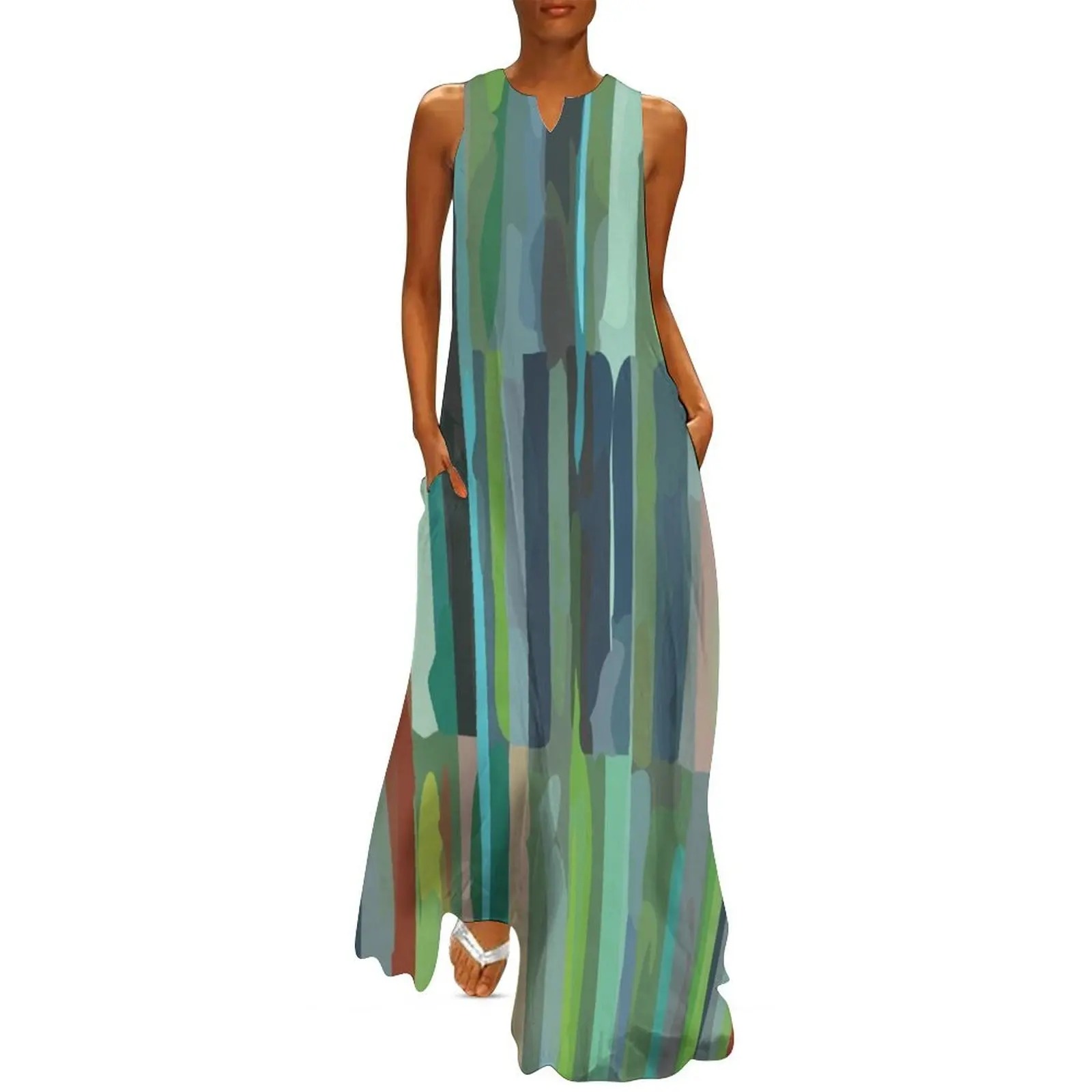 

Green Etchnic Scandinavian Vertical Line Long Dress evening dress Party dresses for women Dress