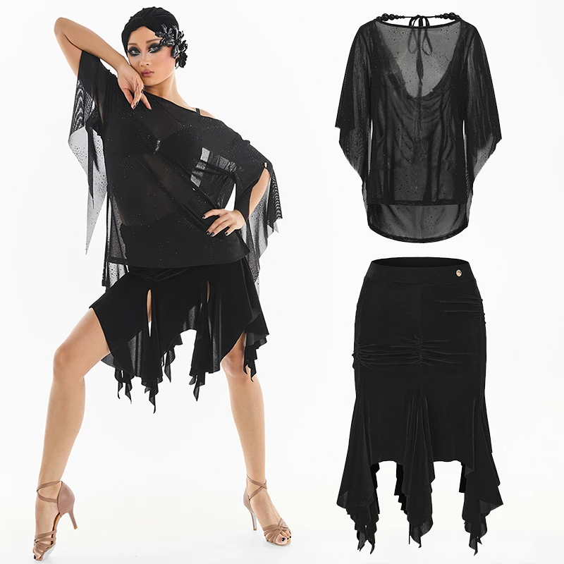 

2025 Women Latin Dance DUYQ Sexy Loose Backless Mesh Top Irregular Skirt Chacha Rumba Tango Dress Performance Costumes DN22441