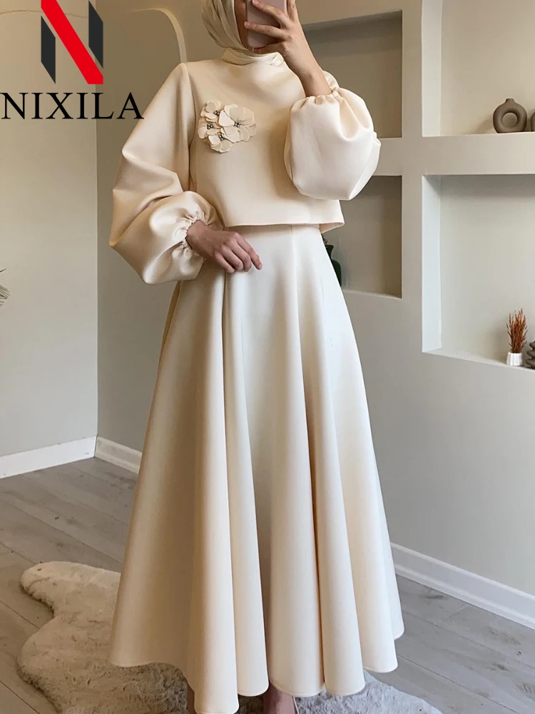 

New in Spring Autumn Women's Clothing Flower Three-Dimensional Decoration Lantern Sleeve Solid Color Skirt Suit Two-Piece Set