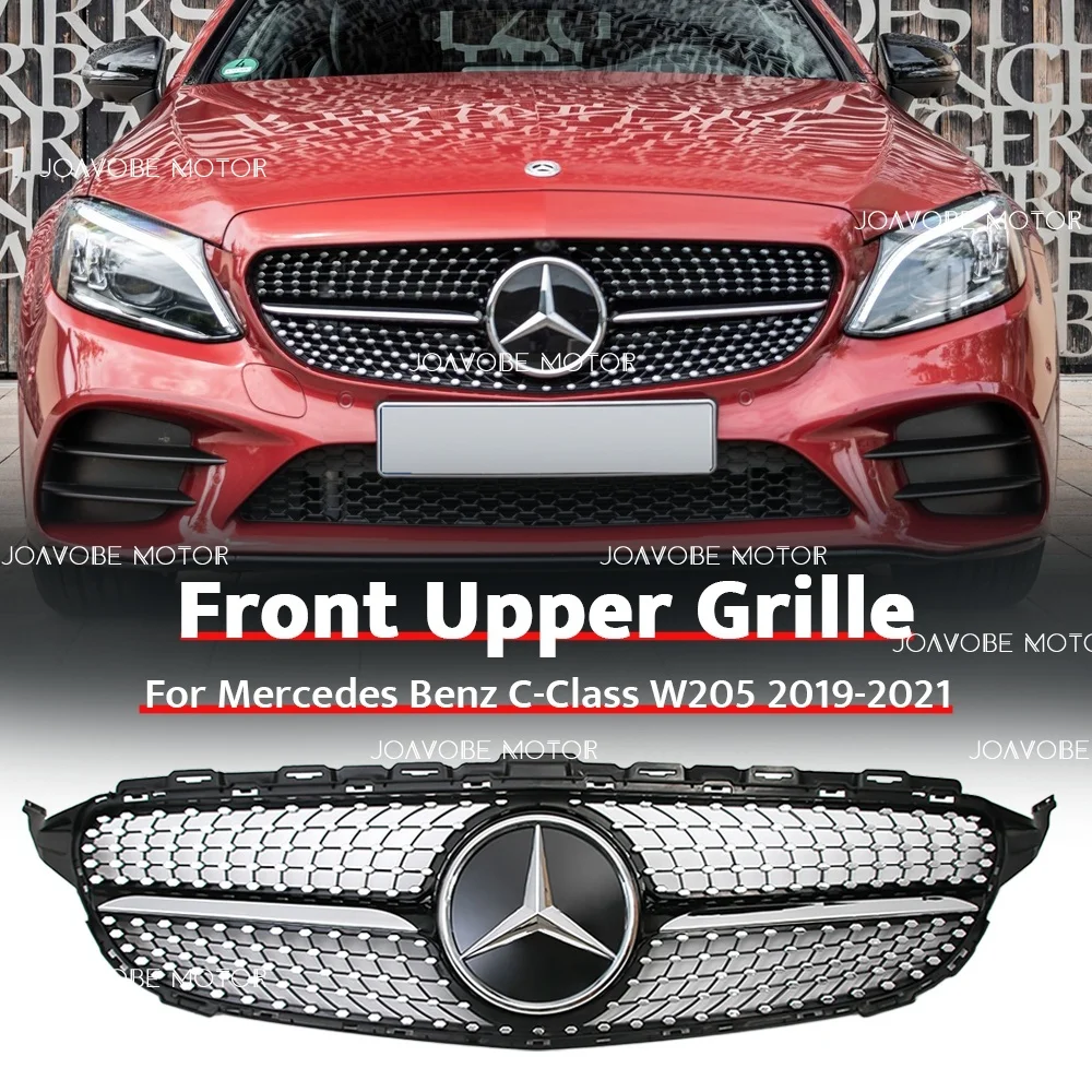 

Передняя решетка в стиле Black Diamonds с серебряной новейшей 3D-эмблемой для камеры Mercedes Benz C-Class W205 S205 C205 A205 2019-21 W/O 360