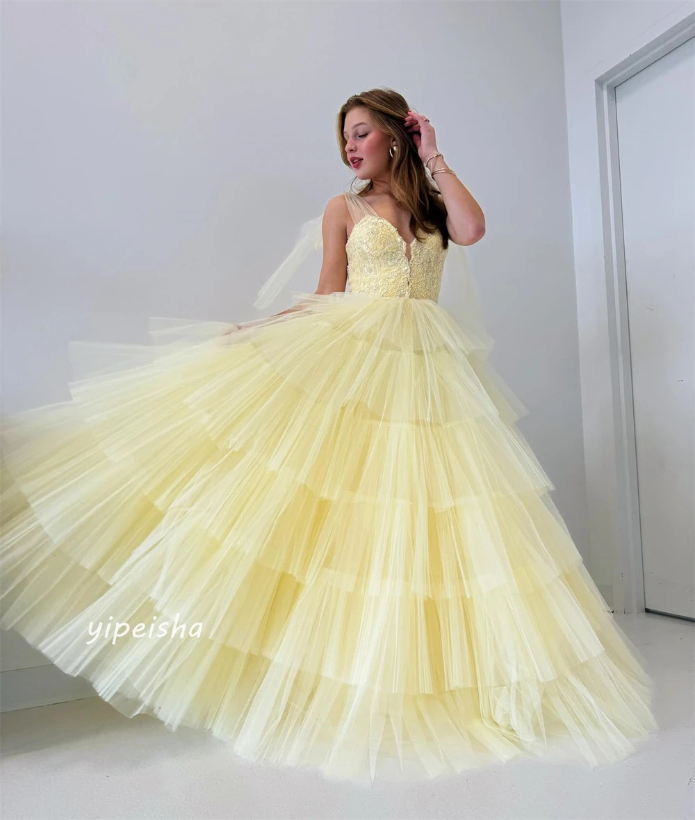 Prom Dress Evening Tulle Sequined Flower Tiered Beading Ruched Birthday A-line V-neck Bespoke Occasion Gown Long Dresses