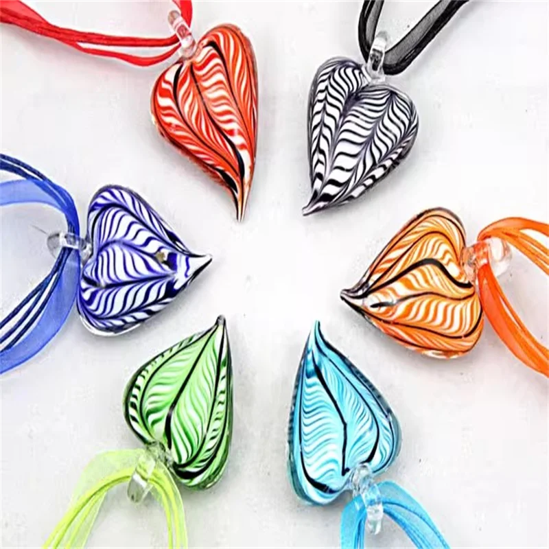 Handmade Stripe Bicolor Heart Glaze Pendant Murano Lampwork Glass Pendant For Women\'s Necklace Sweater Chain Bracelet Jewelry