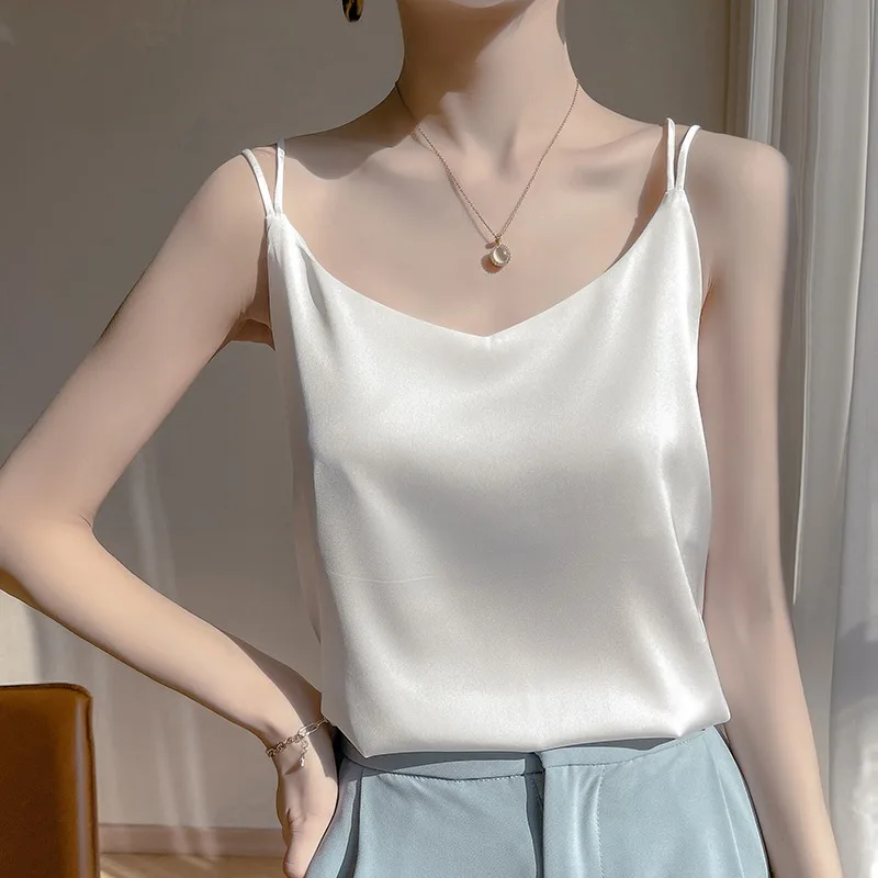 Silk Camisole Vest Women's Inner Wear White Beautiful Back Acetate Top Satin Summer Small Suit  Silk Base Shirt