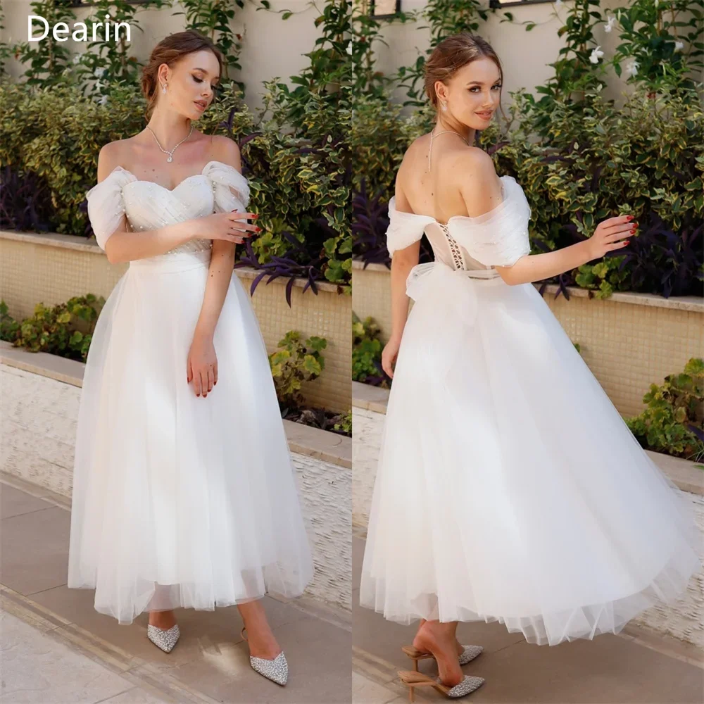 

Customized Formal Gown Evening Women Dearin Off-the-shoulder A-line Ankle Length Skirts Layered Draped Tulle Bead Pearl Bespoke