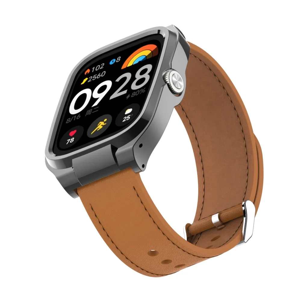 Leather suitable for Redmi watch 4 strap, high-quality Leather strap, metal protection case for Redmi Watch 4 replacement strap