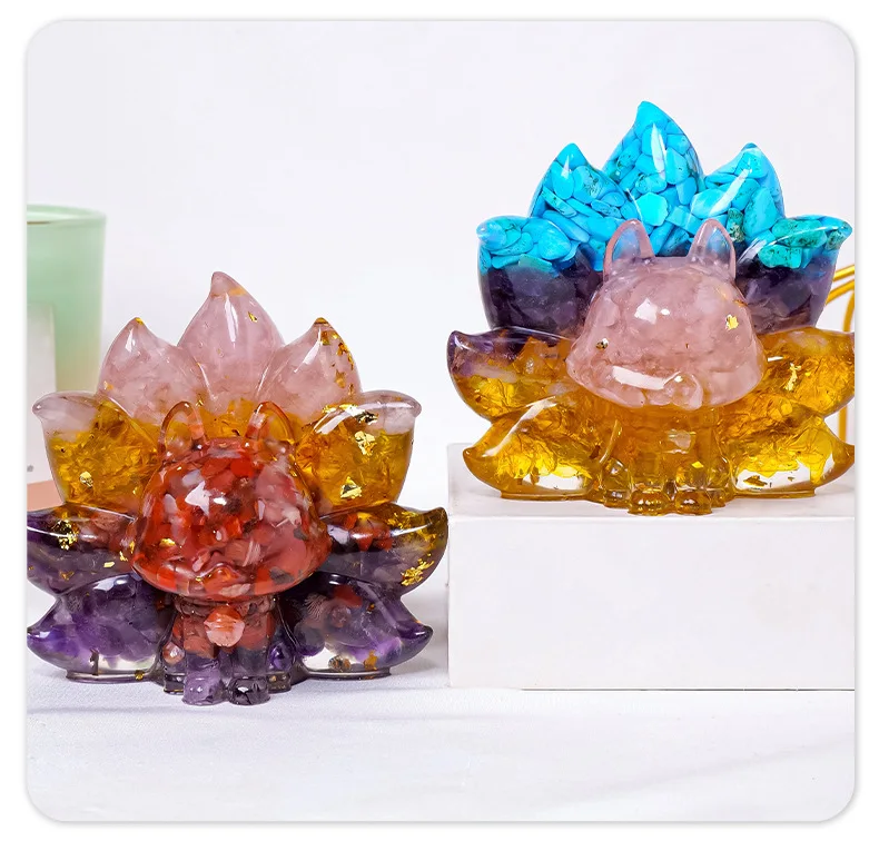 1pc Natural Crystal Gravel Stone Nine-tailed Fox Decor Ornaments Raw Stone Animal Resin Drip Glue Crafts Home Desktop Decor