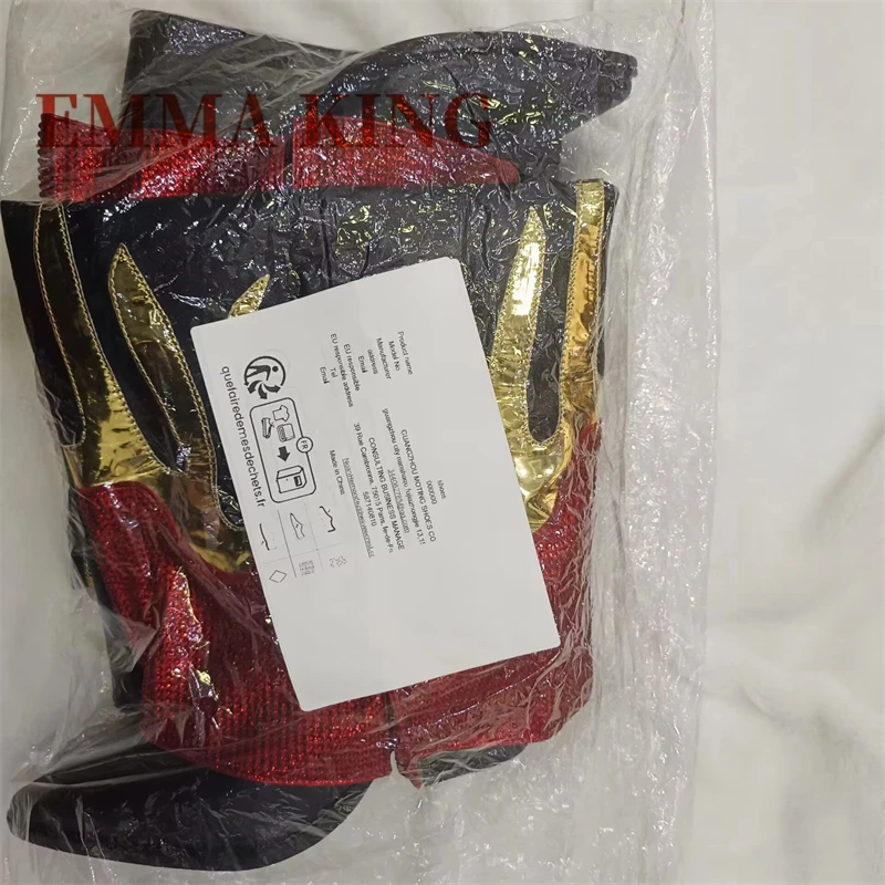 Rhinestone Flame Knee Fold Over Boots Pointed Toe Cowgirl Boots 10cm Block Heel Knee High Boots Woman Slip On Western Long Boots