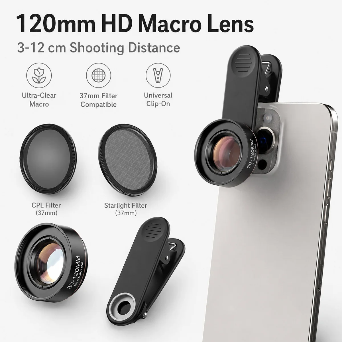 Lente Macro para Teléfono de 30-120 mm, Lente de Cámara Móvil con Clip Universal de Aumento 10X HD para iPhone, Samsung, Xiaomi, Huawei, Android