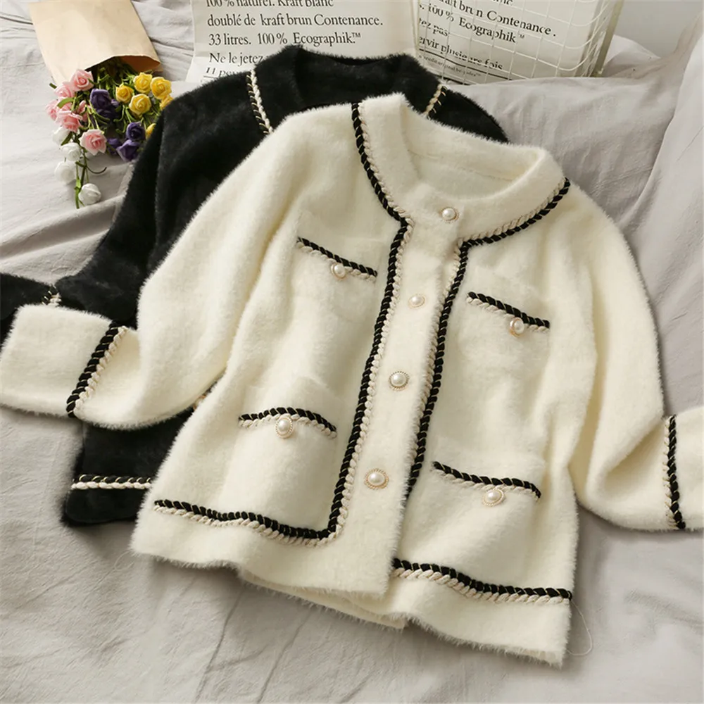 

Autumn Winter Thicken Warm Mink Cashmere Sweater Coat Women Female Korean Retro Black Loose O Neck Knit Cardigan Fashion Clothes